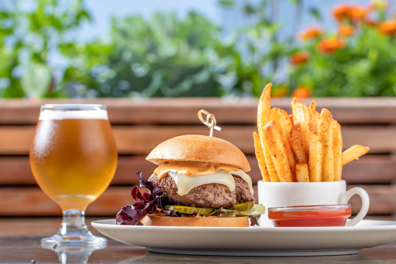 burger, fries and beer