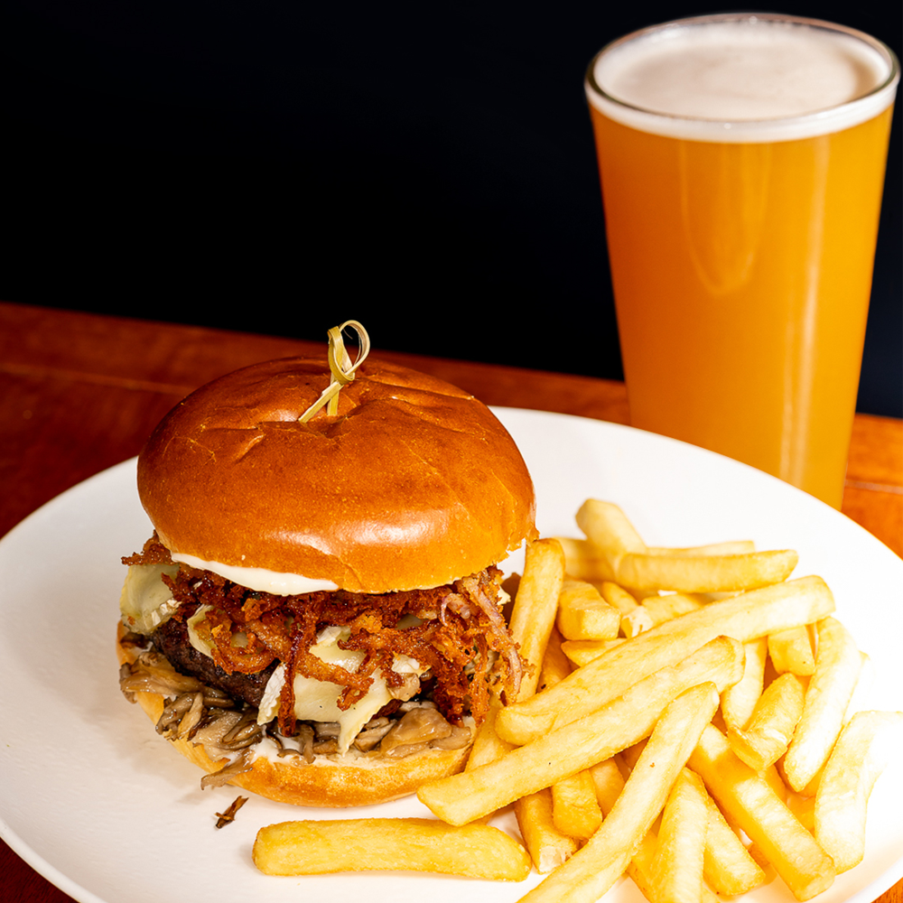 burger, fries and beer