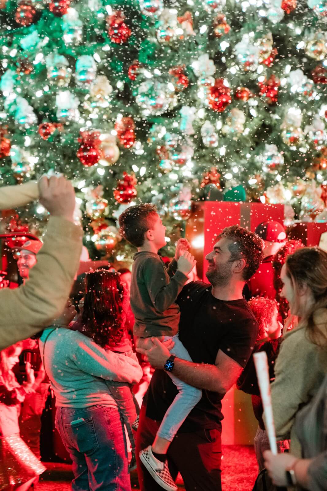 dad holding boy in front of christmas tree