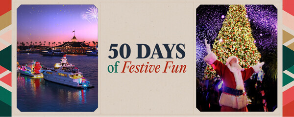 50 Days of Festive Fun banner, bordered by a photo of Santa Claus on the right and a photo of a yacht on the water on the left.