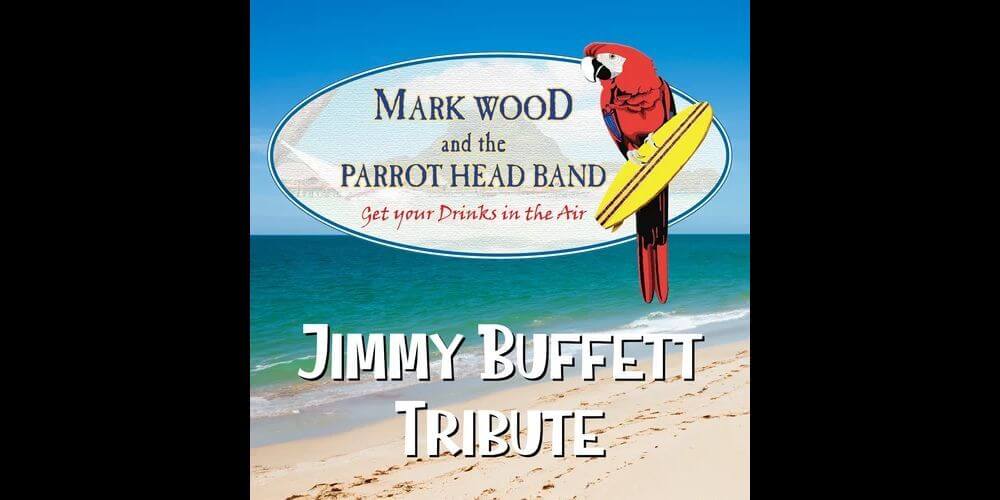 Tropical beach scene with a parrot on a surfboard