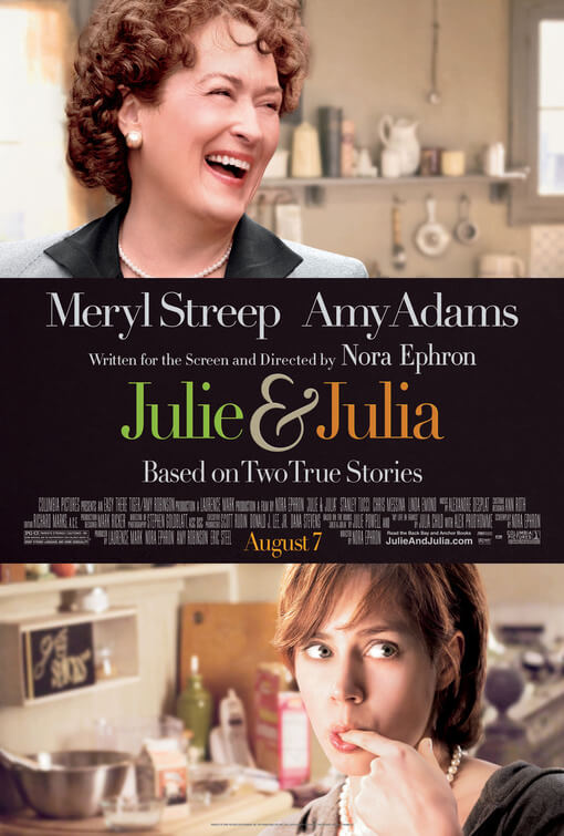 Picture of Meryl Streep smiling and Amy Adams cooking for movie poster of Julie & Julia