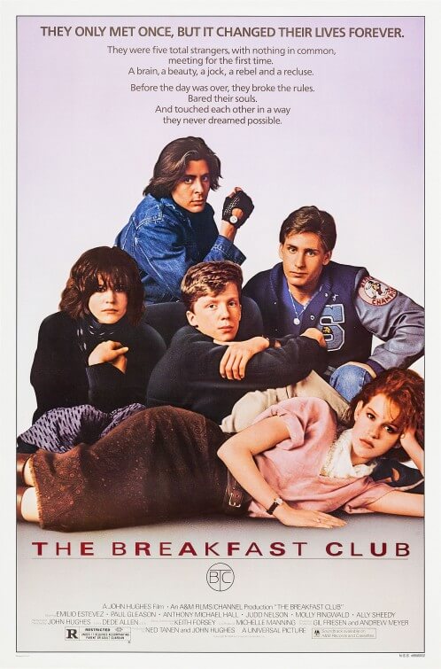 5 actors sitting around each other for The Breakfast Club movie poster