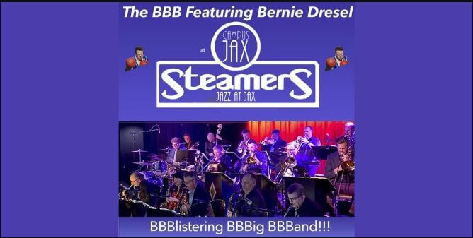 Purple poster with band name and picture of band members on stage below